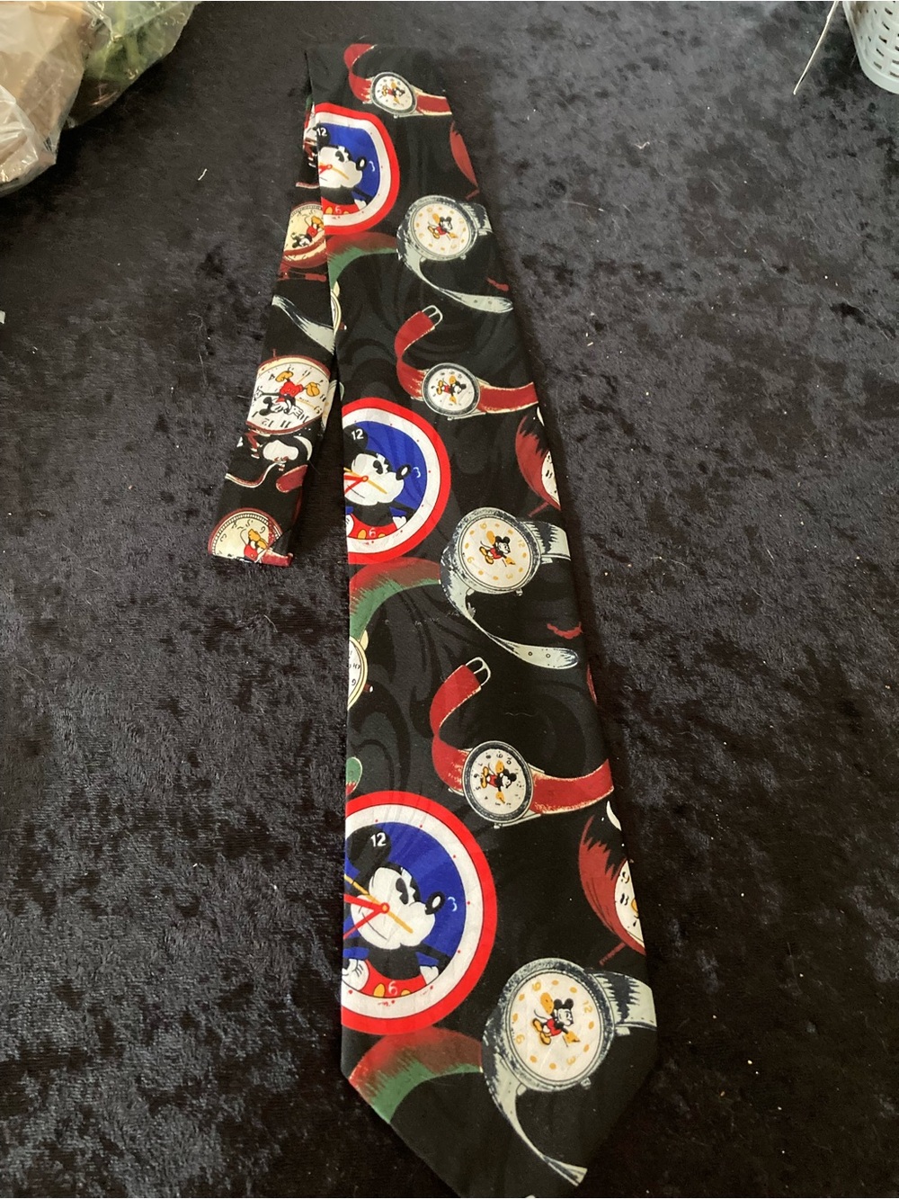 Disney Mickey Mouse Character Print Black Tie Red and Blue Watches Necktie